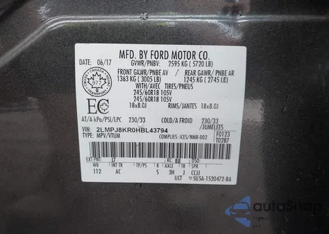 2017 Lincoln Mkx Select from USA, damaged, VIN 2LMPJ8KR0HBL43794